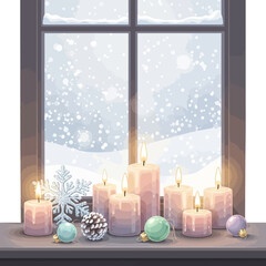 Cozy winter window scene with glowing candles and festive decorations, illuminating a snowy landscape outside, evoking a warm and tranquil holiday atmosphere