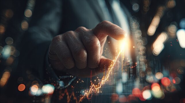 Businessman Interacting With Glowing Graph In Night City - Powered by Adobe