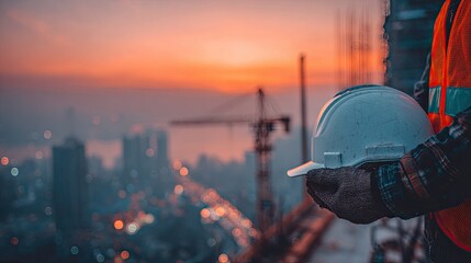 Construction Worker Holds Helmet At Sunset City View