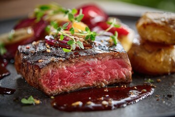Grilled beef steak medium rare with sauce and potatoes