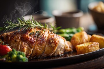 Roasted meat dinner with potatoes and steaming rosemary
