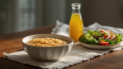 Nourishing Still Life Featuring Buckwheat Porridge and Salad Vinaigrette, protein-rich meal