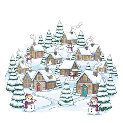 Festive Winter Village A Charming Illustration of Snow-Covered Houses, Snowmen, and Christmas Cheer