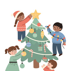 A multicultural group of children filled with holiday spirit work together decorating a festive Christmas tree with ornaments, lights, and a star