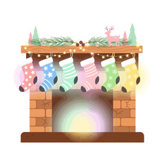 Cozy Christmas Fireplace Adorned with Colorful Hanging Stockings, Twinkling Lights, and Evergreen Garlands, Evoking Warm Holiday Cheer and Festive Winter Home Decor