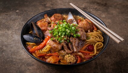 Budae jjigae featuring instant noodles, pork, sausage, mussels, and vegetables, a protein-rich meal