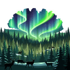 A serene winter landscape illustration featuring a herd of deer silhouetted against the magical glow of the aurora borealis