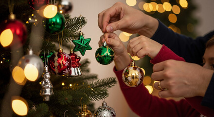Child and parent decorating Christmas tree with care, as family tradition continues during warm holiday season. 