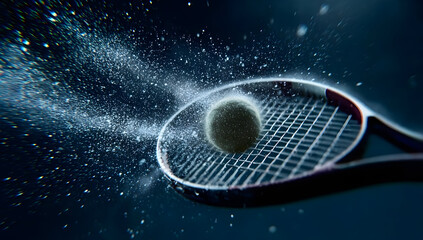 Dynamic shot of a tennis racquet hitting a ball, capturing motion, energy, and excitement in sports.