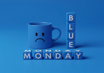 Blue mug with sad face and blocks spelling blue monday