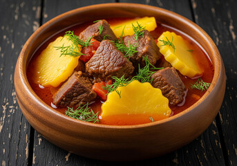 Hearty beef stew with potatoes and herbs in a wooden bowl