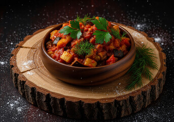 Vegetable ratatouille in a wooden bowl on a rustic stand