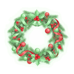 Festive Christmas holiday wreath illustration with green fir, red holly berries, decorative ribbons, and shiny baubles