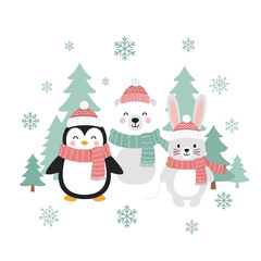Cute winter animal friends, a penguin, polar bear, and rabbit, wearing hats and scarves in a snowy Christmas forest scene illustration