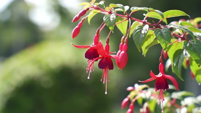 Blooming Fuchsia Flowers Hanging on Branch Outdoors Close Up