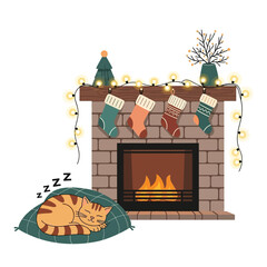 Cozy winter evening illustration A peaceful cat naps by a festive fireplace, decorated with colorful Christmas stockings and twinkling lights, evoking a warm holiday spirit
