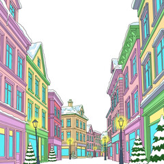 Festive Winter Street Scene Snow-Covered Buildings and Holiday Decorations in a Charming Town