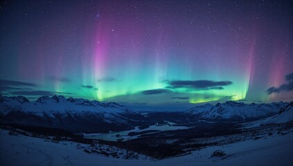 Glowing auroras illuminate frosty peaks under the starry night.