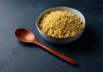 Bowl of couscous with a wooden spoon on a dark surface