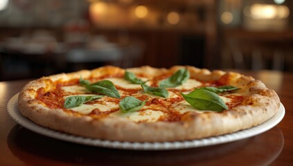Classic Margherita Pizza garnished with fresh Basil leaves