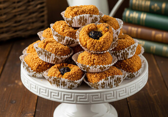 Mini muffins with jam filling on a white cake stand