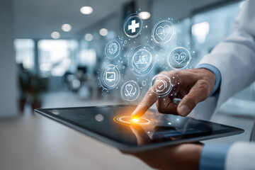 Medical professional using tablet to access health information, surrounded by digital health icons, showcasing technology in healthcare