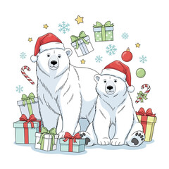 A charming Christmas illustration of an adult and baby polar bear celebrating the festive season with presents and snowflakes