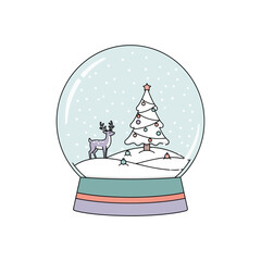 Festive snow globe illustration featuring a decorated Christmas tree and a reindeer in a winter wonderland scene