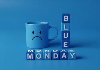 Sad face mug and blue monday blocks on blue background