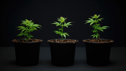 Obraz premium Three Young Cannabis Plants in the Vegetative Phase Cultivated in Containers Against a Dark Background