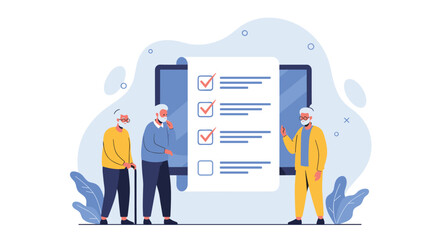 Senior citizens are reviewing a checklist on a large digital tablet, representing technology adoption and planning for older adults, with a focus on accessibility.