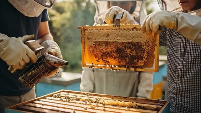 Beekeepers inspecting honeycomb frame with smoke in outdoor apiary