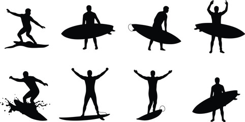 Surfer silhouette vector, surfing pose illustration, beach sport action, wave rider with board, black shape motion, coastal lifestyle art