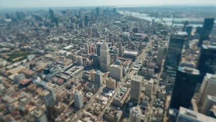 Aerial view of urban landscape featuring a tilt-shift effect, highlighting urban density