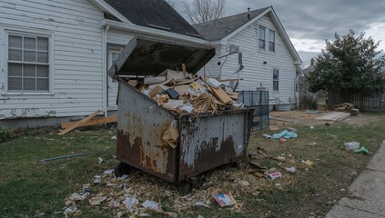 Naklejka premium Metal bin filled with construction debris during residential remodeling.