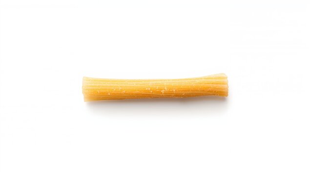 Overhead shot of thick, long extruded pasta strands isolated on a white background