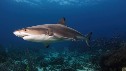 Obraz premium Clear Ocean Water with a Grey Reef Shark Swimming