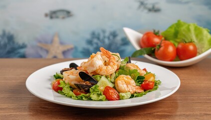 Seafood and vegetable salad served on a dish resting on a surface, focused selectively.