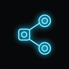 Blue neon share icon glowing on black background