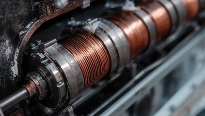 Fototapeta premium Close-up of an electric transformer copper coil, focusing on efficiency