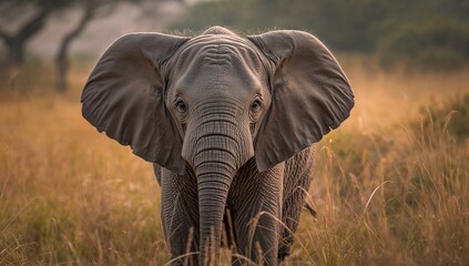 Obraz premium Adorable baby elephant in a natural habitat, observing its surroundings, wildlife awareness