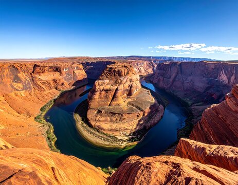 Stunning aerial view of a river carving through layered red rocks