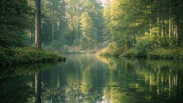 A nostalgic green atmosphere created by the abstract reflections of trees on a lake during summer.