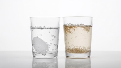 Glasses filled with clean and dirty water on a white surface, contrasting clarity and impurities