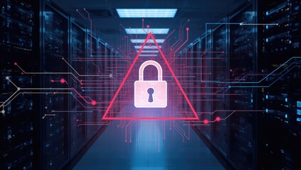 Cybersecurity alert featuring a locked server environment and digital network protection concepts