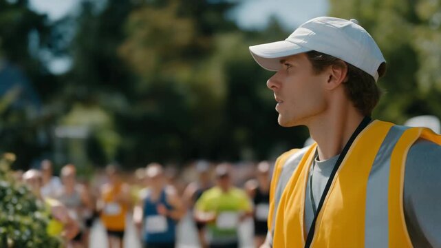 Traffic regulator coordinating vehicles during a marathon event, surrounded by runners, security personnel, and cheering spectators, symbolizing logistics mastery, event safety, and emotional focus