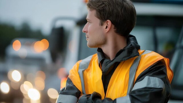 Traffic regulator maintaining order during heavy rain with reflective vest shining under headlights, symbolizing endurance, professionalism, urban safety management, and emotional resilience during