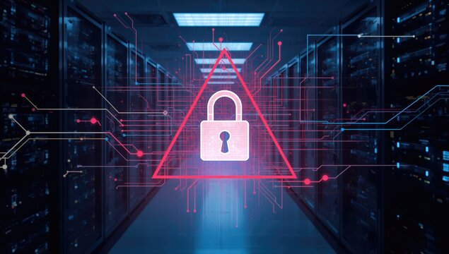 Cybersecurity alert featuring a locked server environment and digital network protection concepts