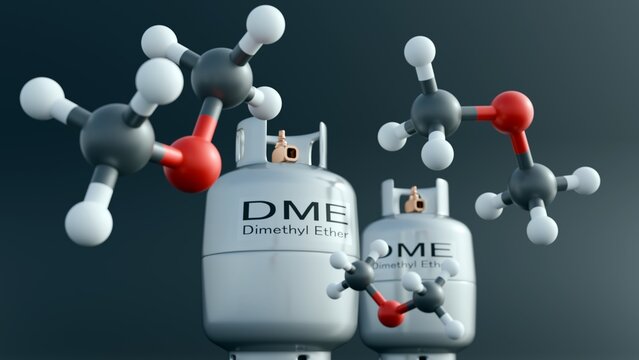 A 3d illustration of silver gas cylinders labeled "DME Dimethyl Ether" alongside a model of the Dimethyl Ether molecule