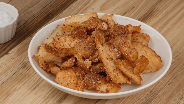 Crispy duck skin cracklings seasoned with salt and pepper, highlighting a protein-rich snack choice